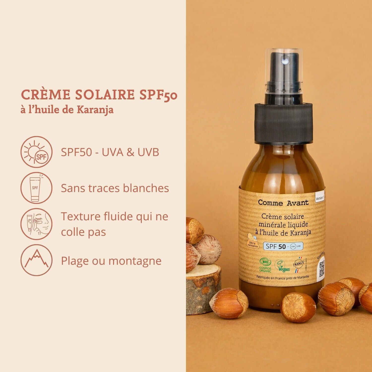 Crème solaire SPF50 minérale liquide à l'huile de karanja