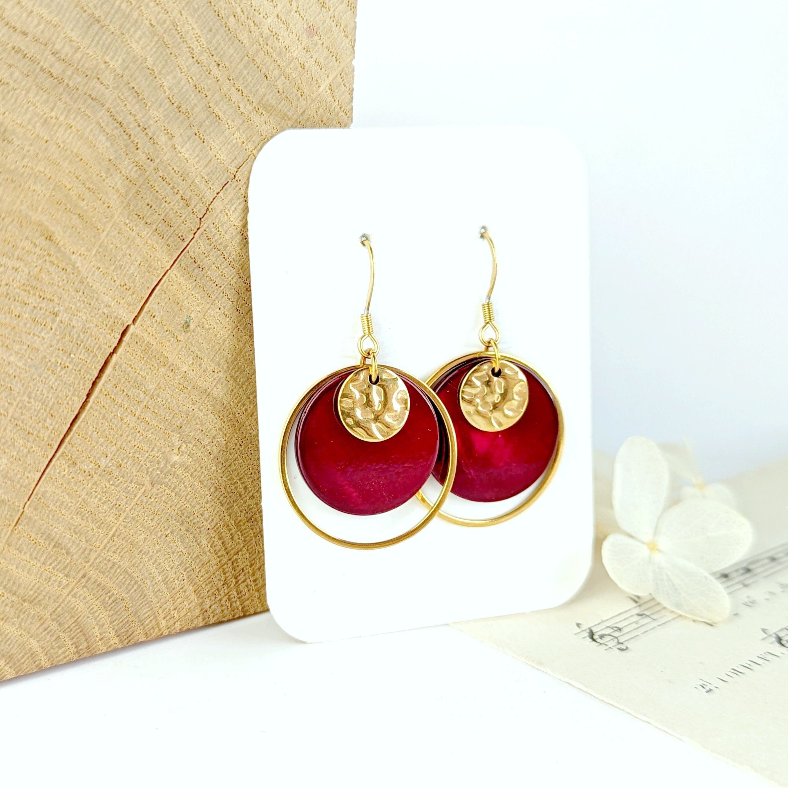 Boucles d'oreilles rouge foncé pour femme, en nacre et acier inoxydable