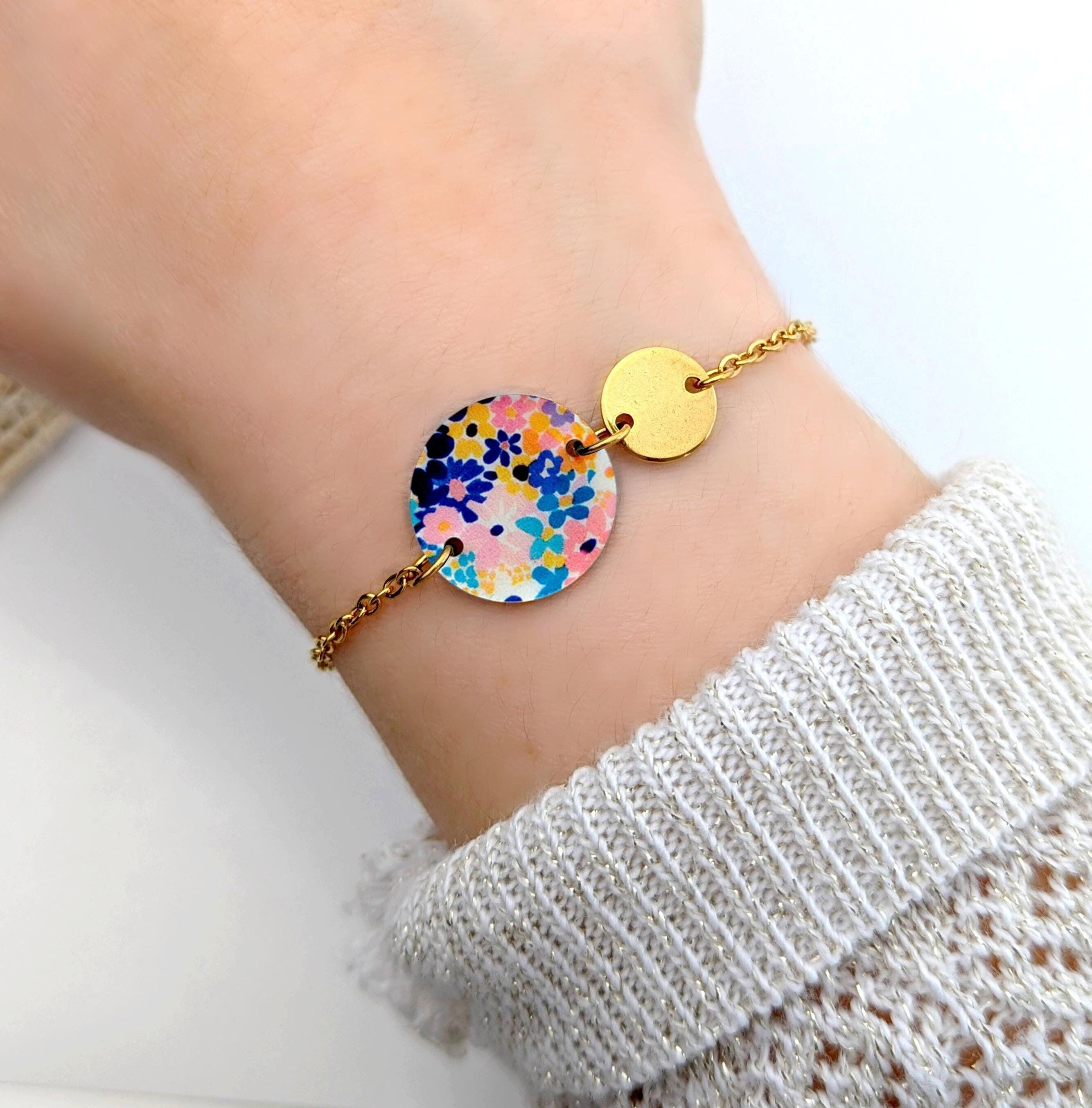 Pulsera de flores de acuarela colorida en resina y acero inoxidable para mujer