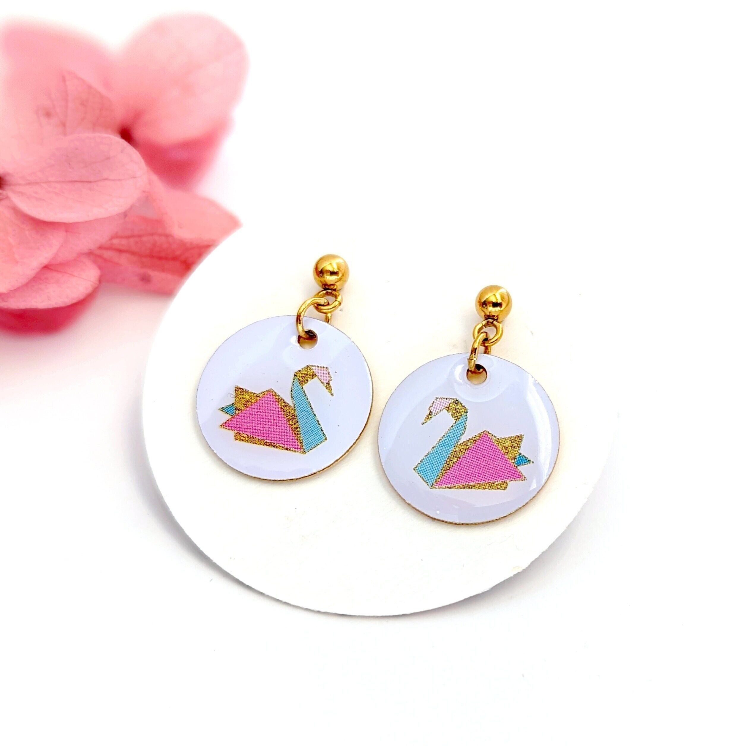 Boucles d'oreilles pendantes et rondes Cygne origami pour enfant filles
