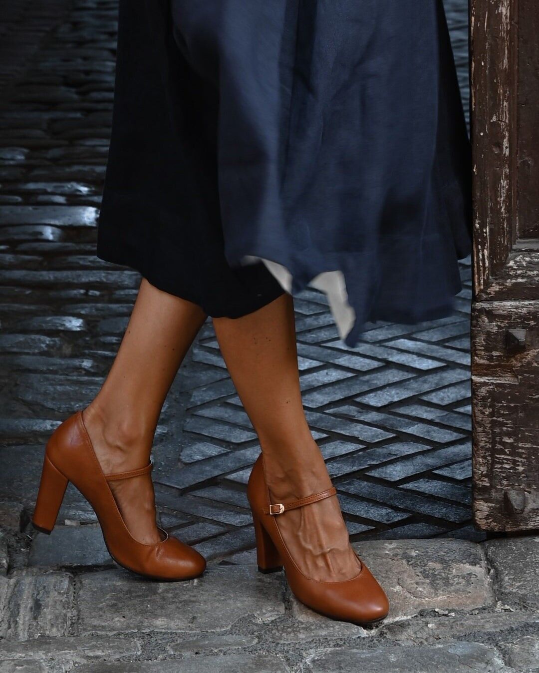 Handgefertigte Lederabsätze (8 cm) - Luna - Cognacbraune Vintage Schuhe 35-42