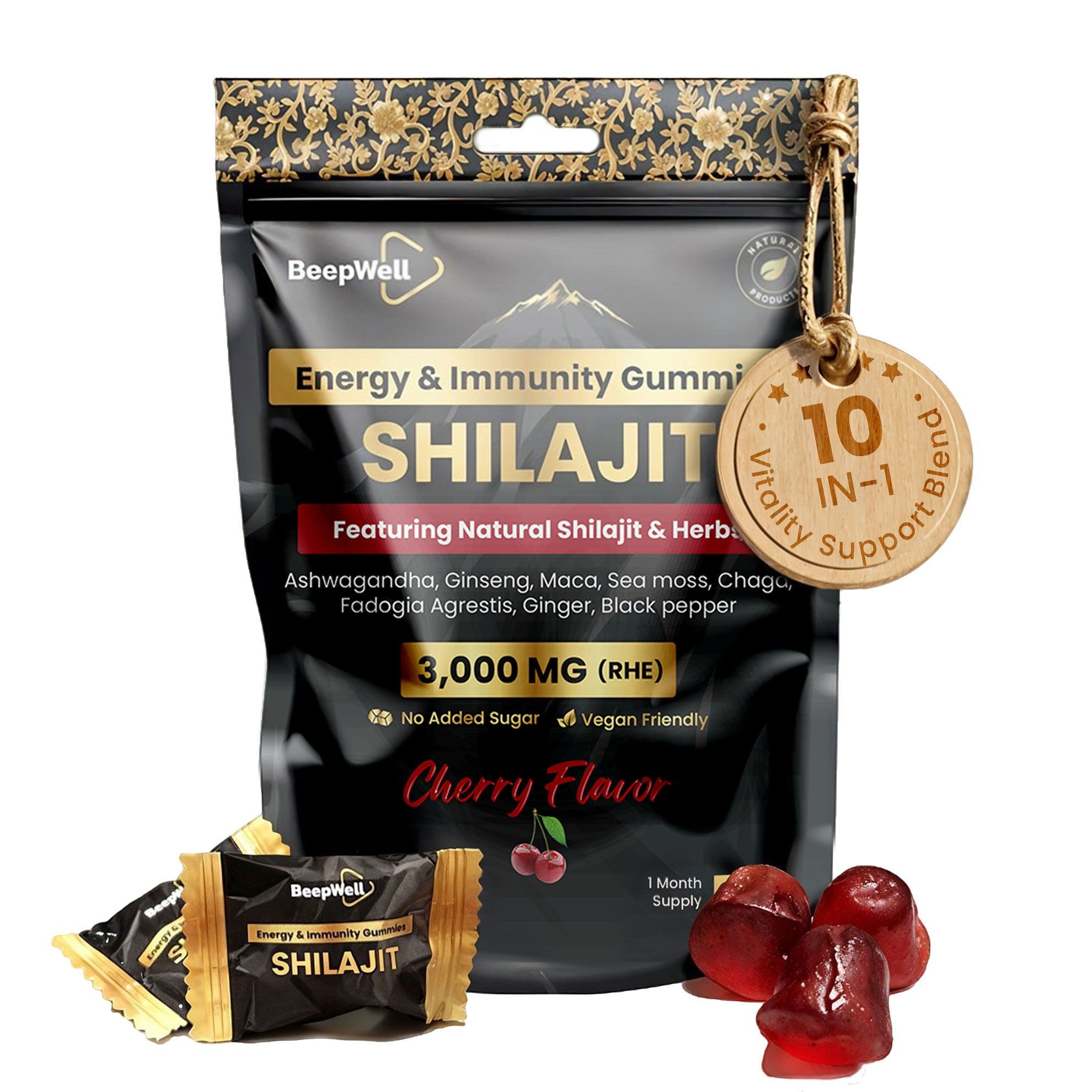 Gomitas de Shilajit del Himalaya – 60 gomitas | 3000 mg de RHE por ración | Mezcla herbal para el bienestar con sabor a cereza natural