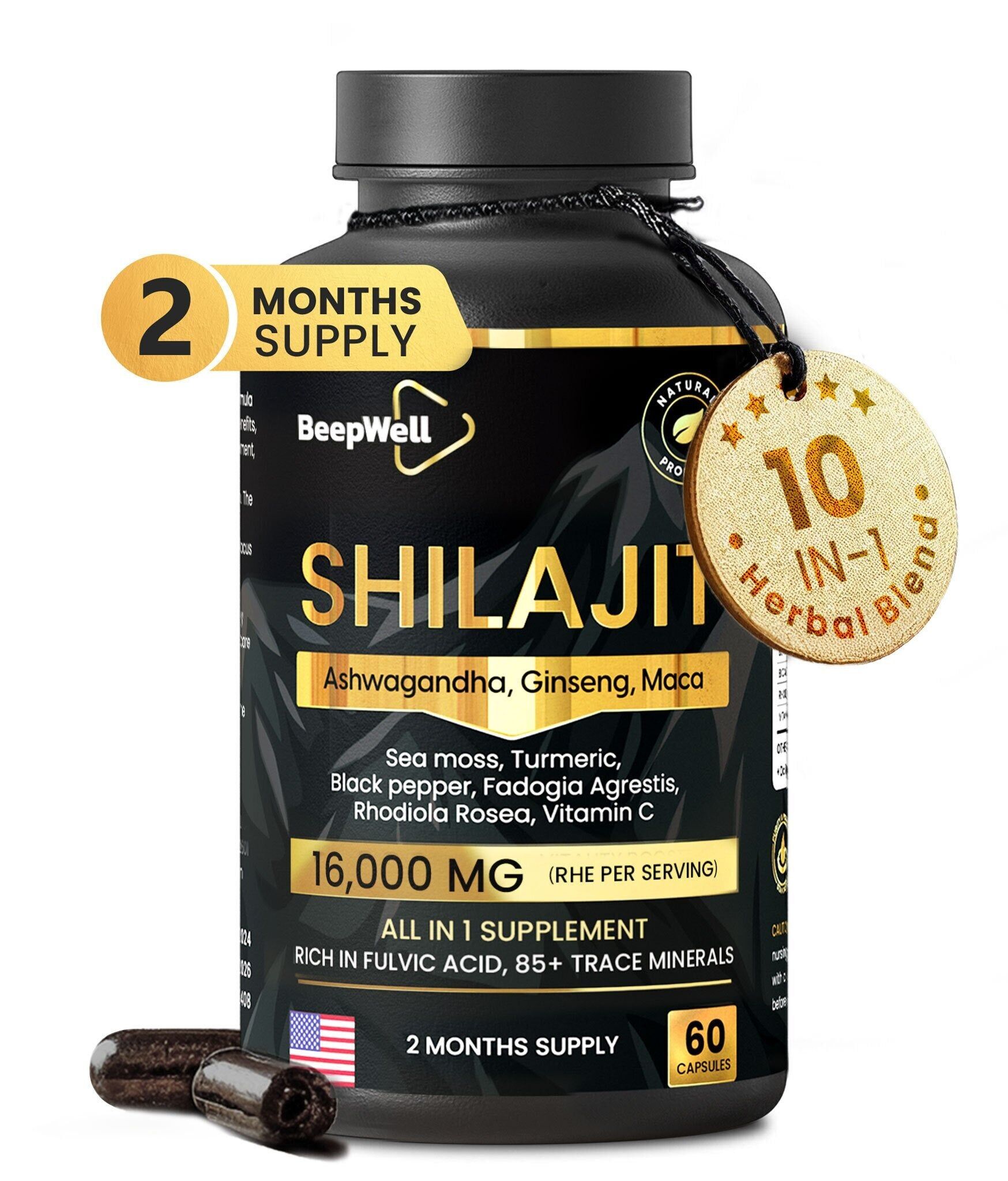 Cápsulas de Shilajit 16,000 mg – 60 porciones | Todo en uno de alta potencia con ashwagandha, musgo marino, raíz de maca, pimienta negra, ácido fúlvico y oligoelementos | Para resistencia, inmunidad y vitalidad