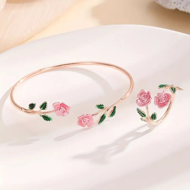 Set di anelli con bracciale a forma di rosa - Gioielli da donna