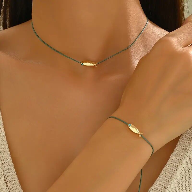 Set di collana e bracciale con ciondolo blu bohémien - Gioielli da spiaggia