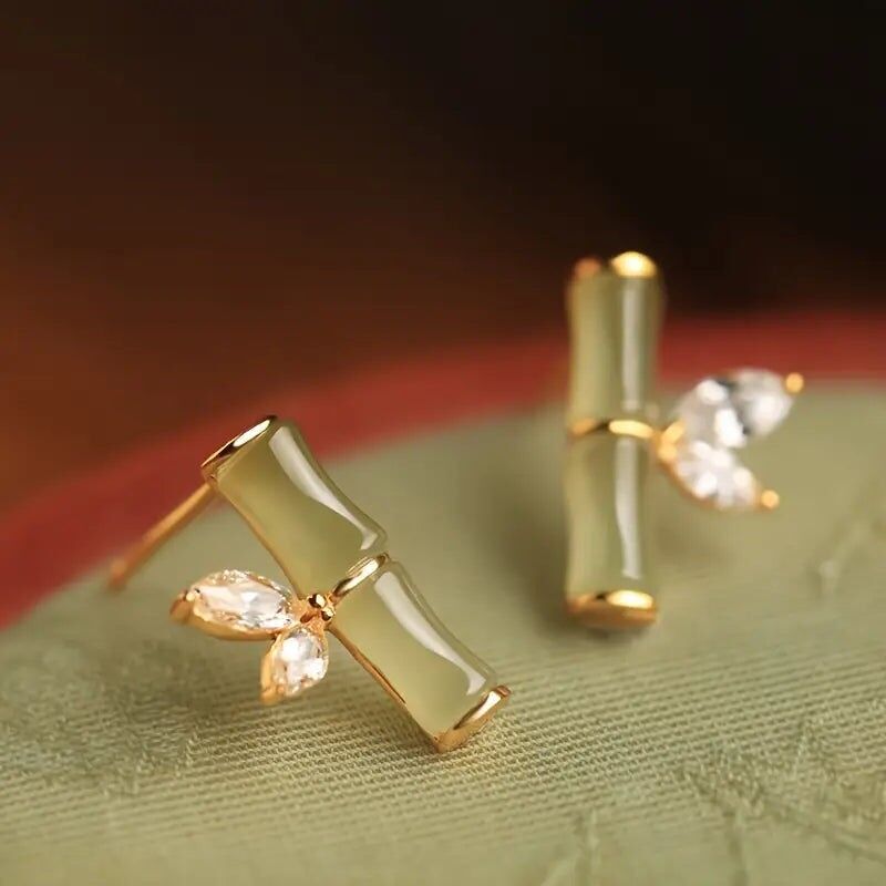 Pendientes de bambú con circonitas - Estilo oriental moderno