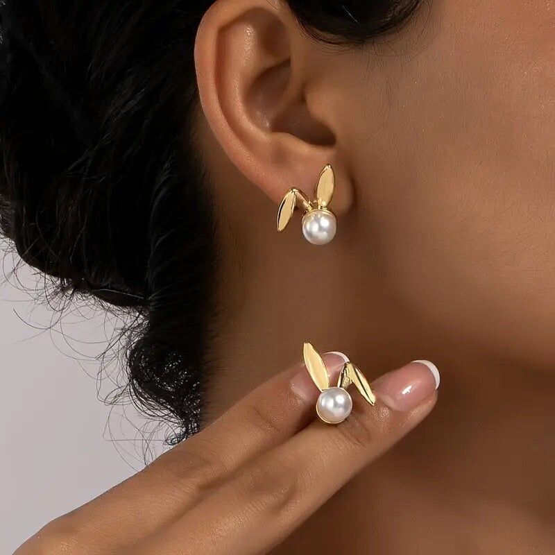 Pendientes de perla - Diseño de conejo - Joyería retro moderna