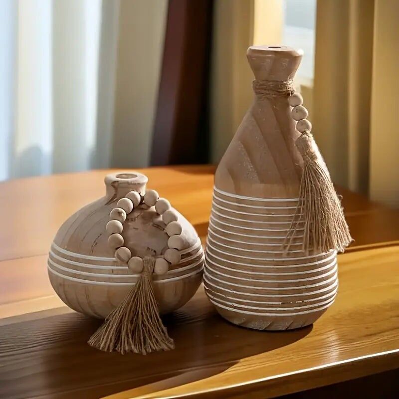 Vase en bois massif avec pompon - Décoration de style chinois pour salon et chambre à coucher