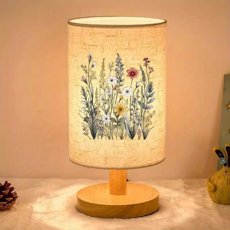 Lampe de table florale - Alimentation USB, lumière chaude, base en bois