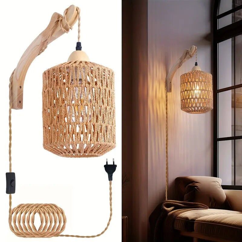 Hand Woven Rattan Wall Sconce - Plug In - Boho Farmhouse Lighting
