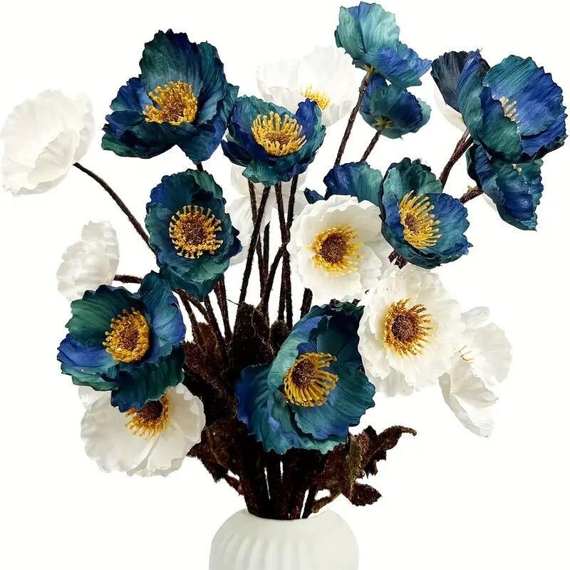 Blue & White Poppy Bouquet - Wedding Home Decor Centerpiece