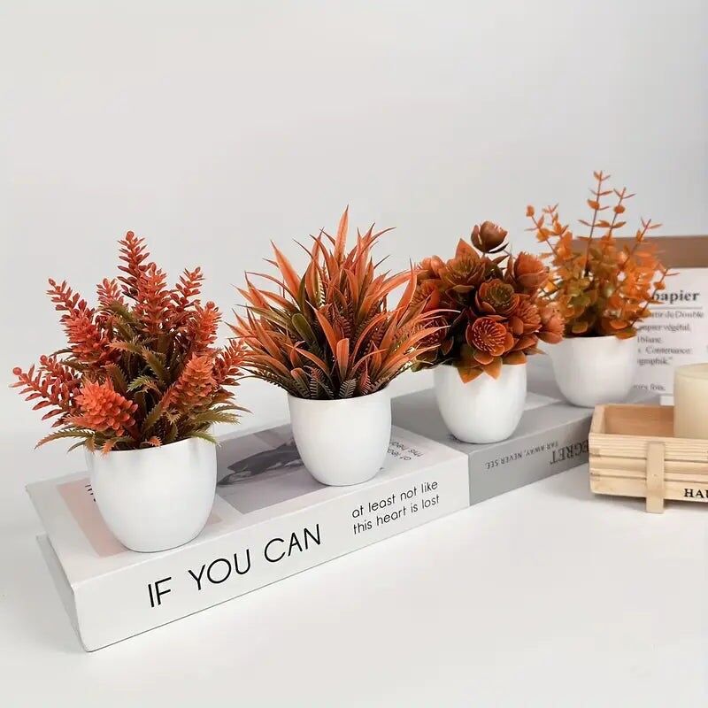 Mini Artificial Plants Set - Fall Decor White Pots