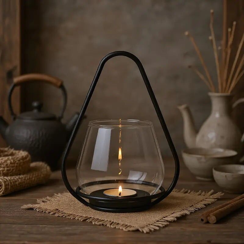 Vintage Glass Candle Holder Lantern - Farmhouse Decor