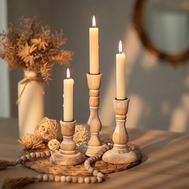 Bougeoirs coniques rustiques en bois - Lot de 3 vintage - Décoration de table