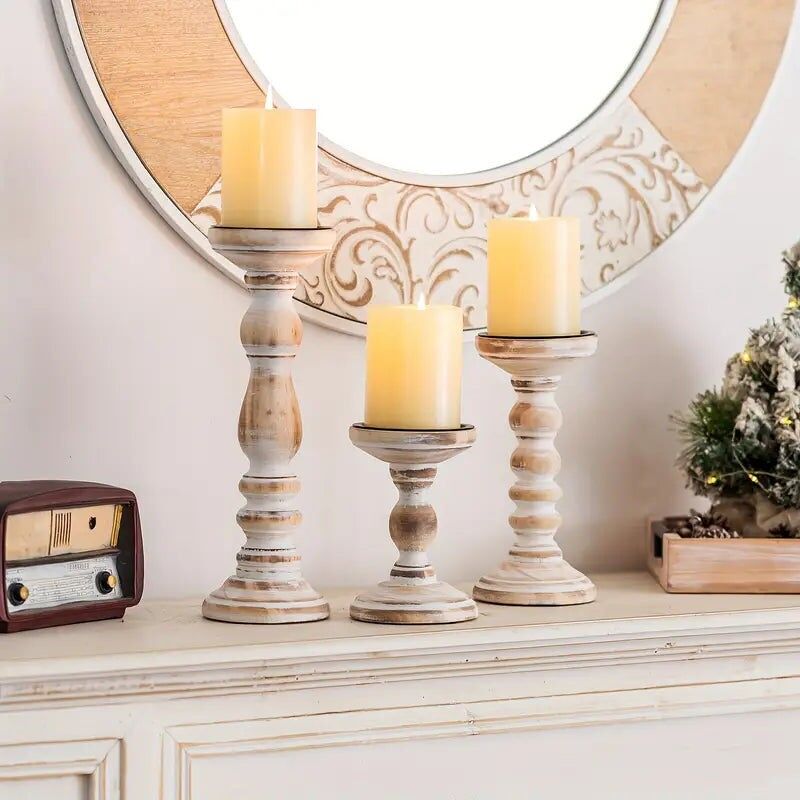 Bougeoirs rustiques en bois - Ensemble de bougeoirs piliers de ferme