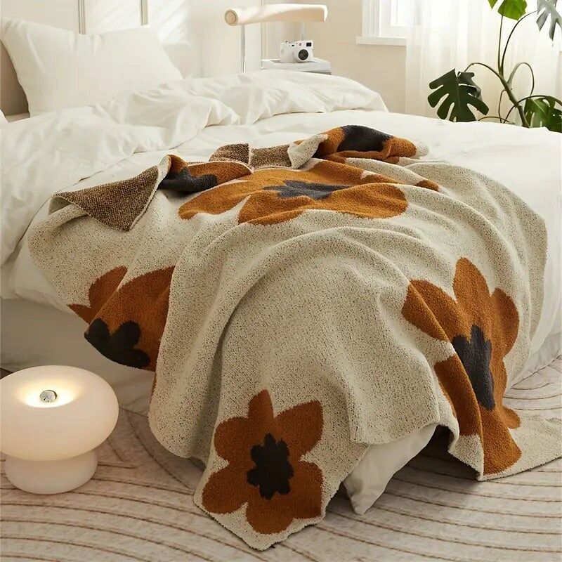 Flower Knitted Throw Blanket - Soft Warm Couch Bed Sofa Cover
