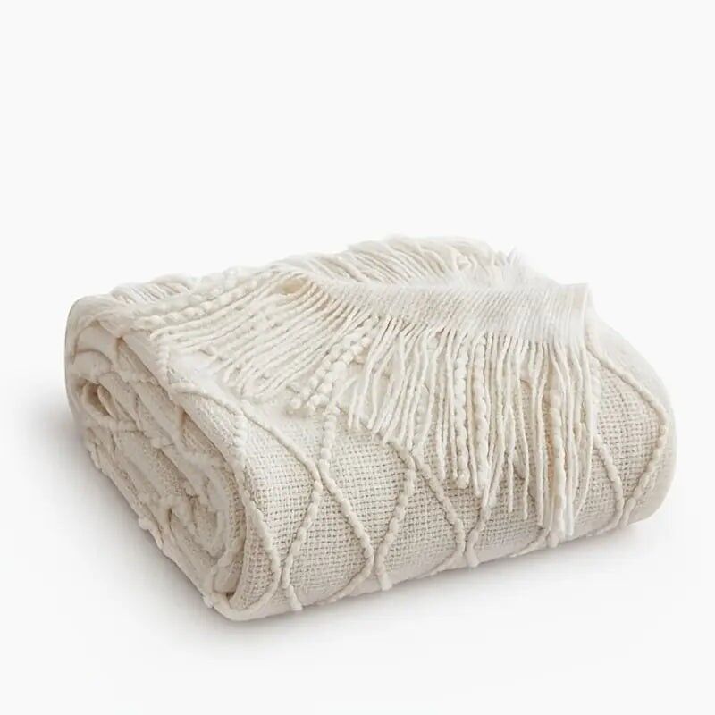 Geometric Throw Blanket: Large, Soft, Beige & White, Tassel Trim