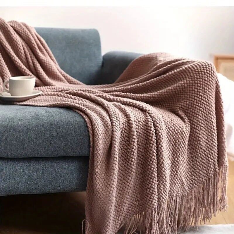 Knitted Throw Blanket with Tassels - Lightweight Bubble Texture