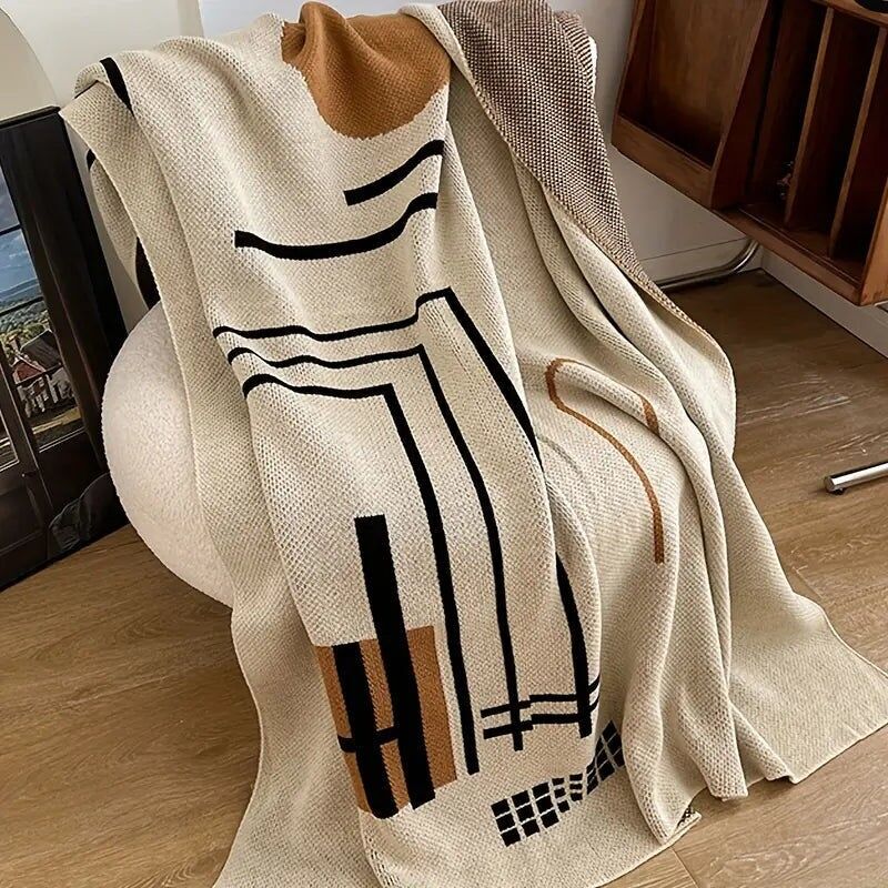 Geometric Knit Throw Blanket - Soft Acrylic Vintage Style