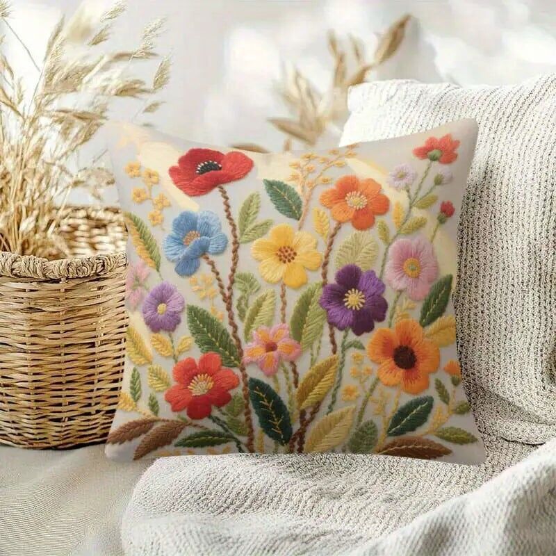 Embroidered Floral Pillow Covers 45x45cm - Decorative Throw Cushion