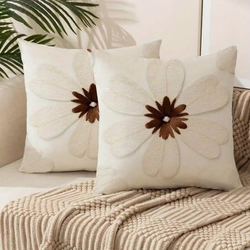 White Floral Throw Pillow Covers - Vintage Sofa Decor (2 Pack)