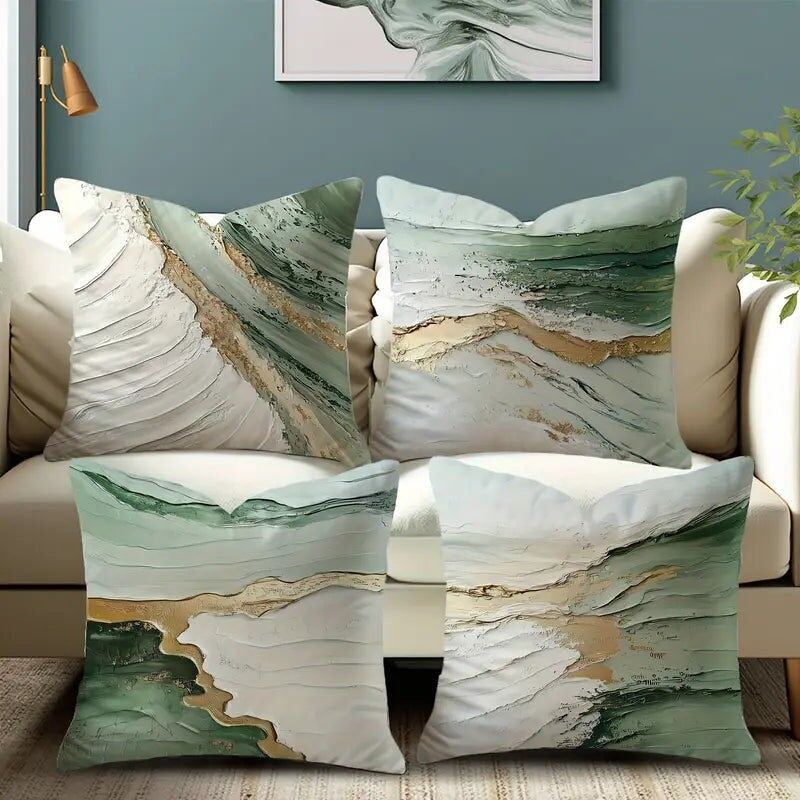 Federe per cuscini astratti (set da 4) - Velluto bianco e salvia