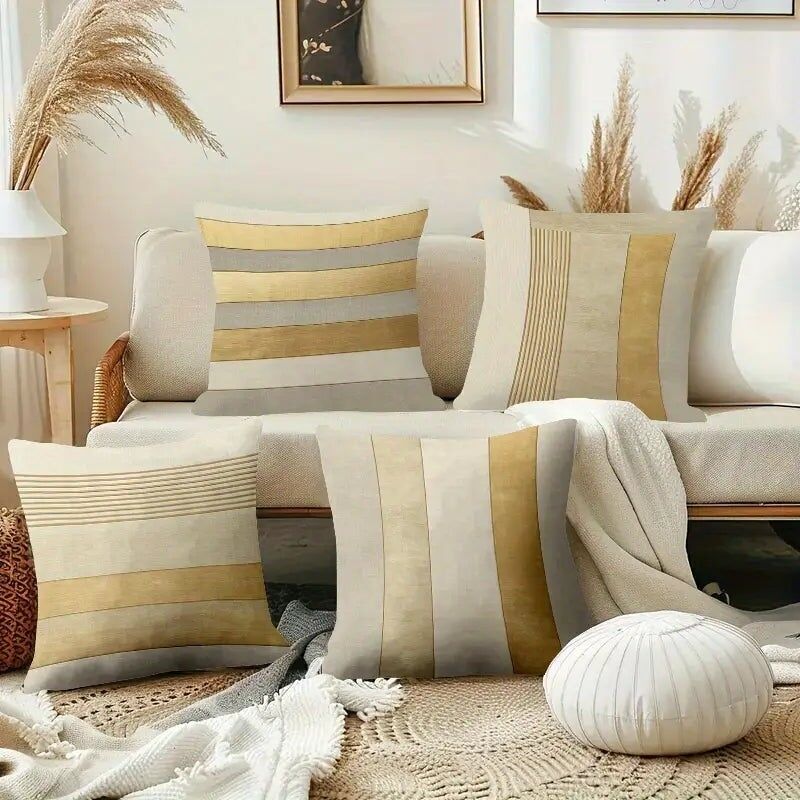 Geometric Gold Throw Pillow Covers 18x18 - Beige & Gray