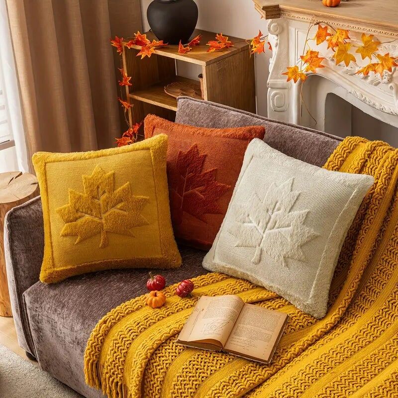 Maple Leaf Pillow Covers - Fall Decor - Soft Plush - Ginger Yellow