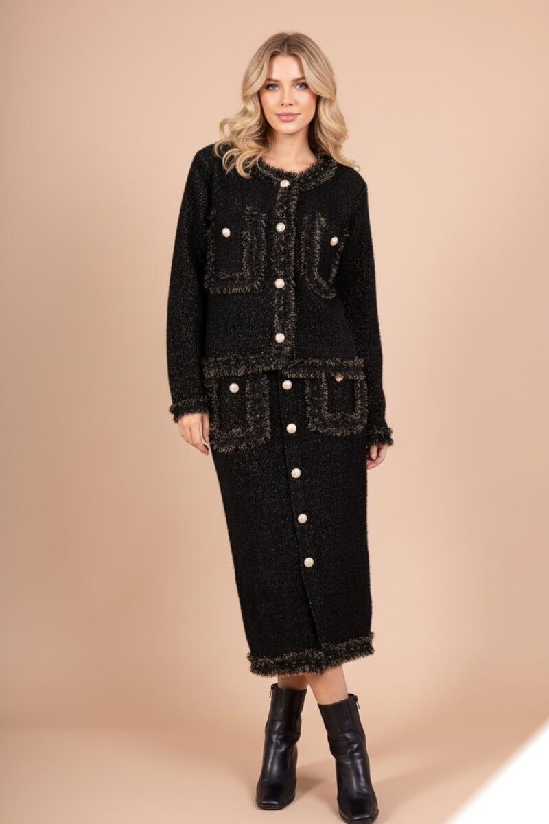 Weiches Set aus Jacke und Rock mit Pelzperlen und ausgefransten Details – L2613 – Lusa Mode