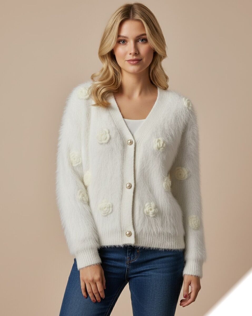 Weiche Pelzweste mit aufgenähten Blumen - L2617 - Lusa Mode