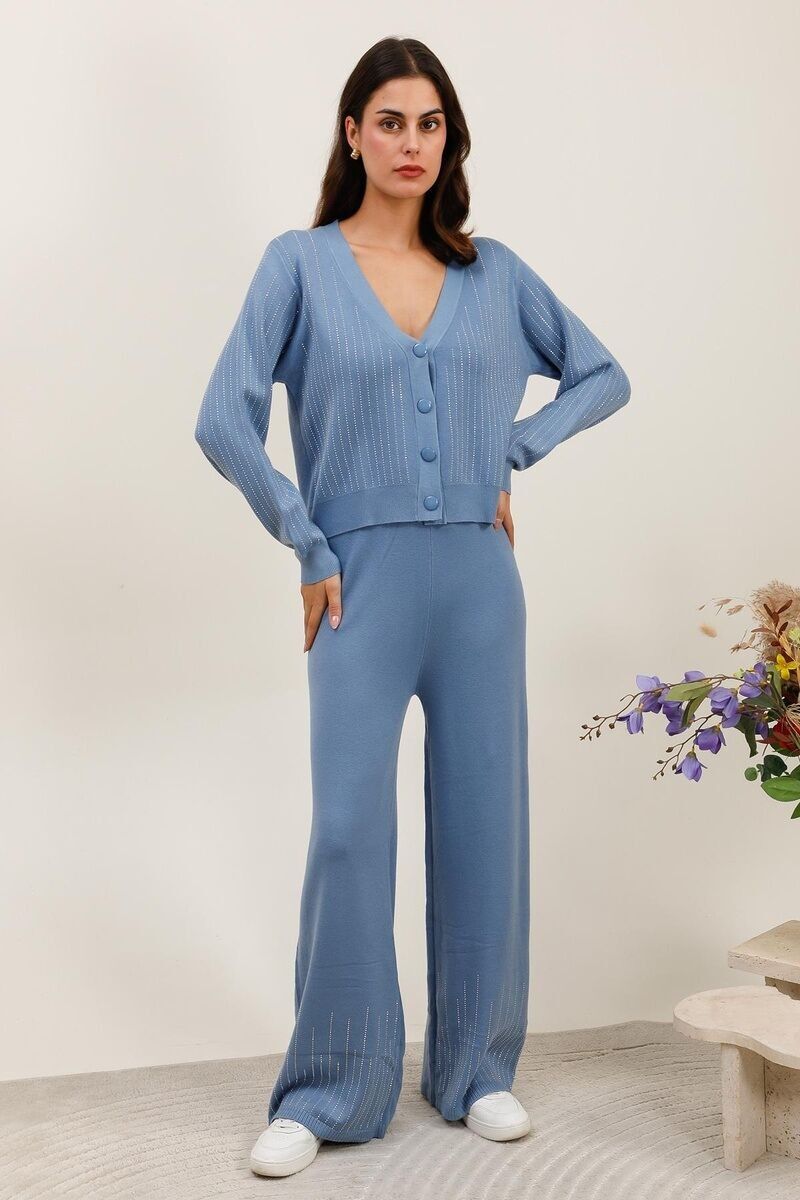 Schickes Set aus Strickweste und Hose mit weitem Bein und Strasssteinen - H2614 - Lusa Mode