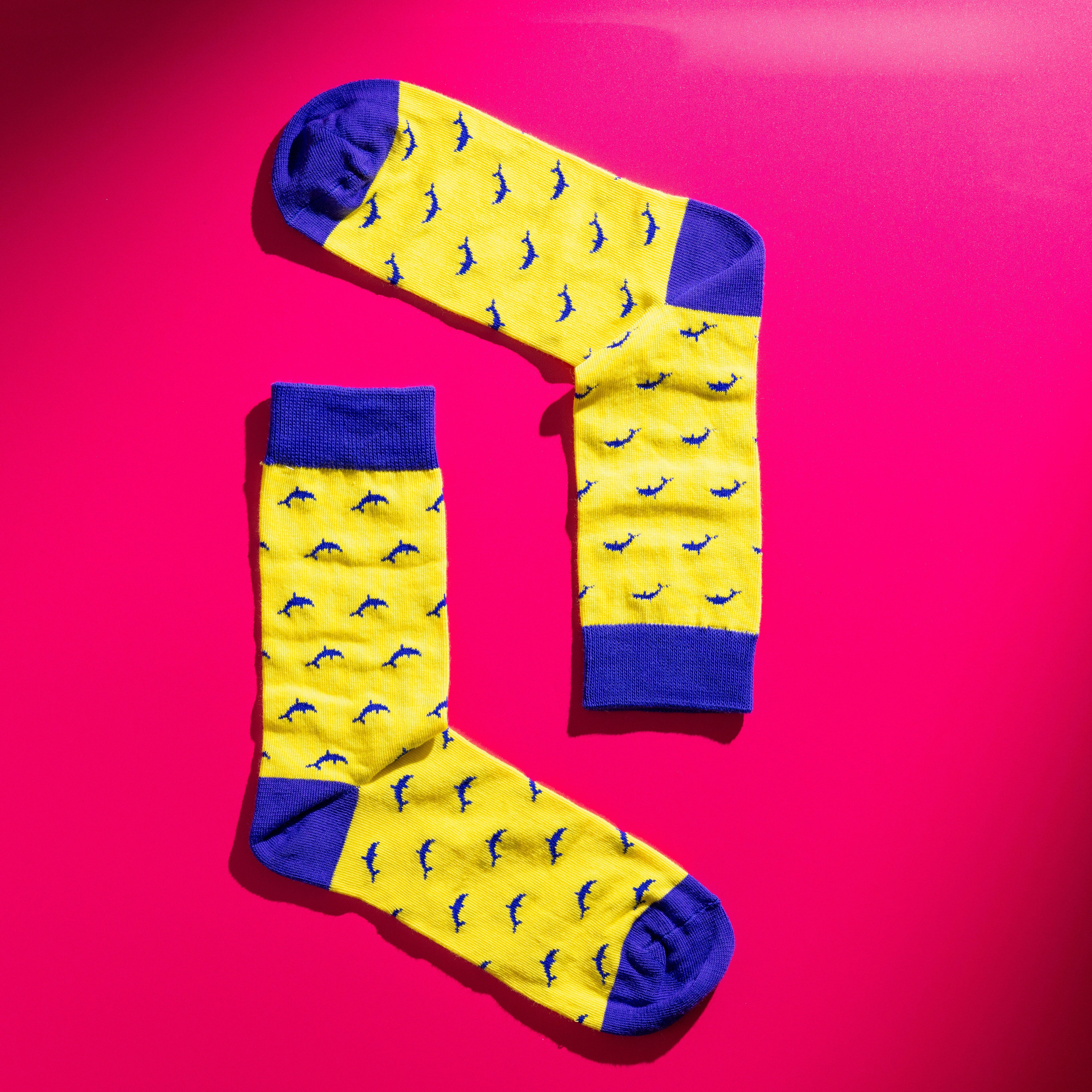 Chaussettes de luxe colorées à motif dauphin pour hommes | Coton égyptien de qualité supérieure | Motif jaune et bleu | Cadeau pour lui | Taille 6 pour hommes au Royaume-Uni.5-11 | Chaussettes fantaisie à motifs animaliers