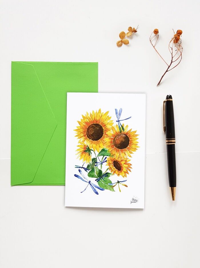Aquarell Sonnenblume und Libelle Postkarte, Natur Blume Geburtstagskarte