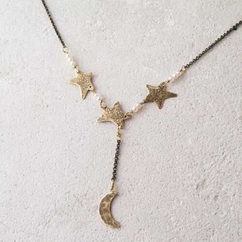 Three Stars With Pendant Moon Necklace__Metal grey