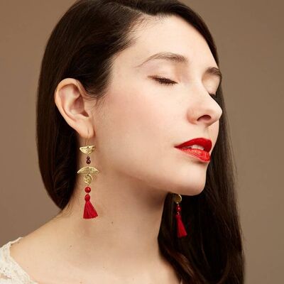 Tribal Long Earrings, Red Gemstones And Tassels
