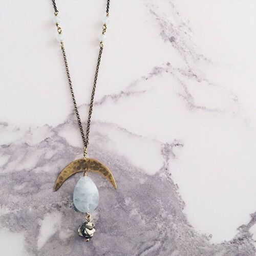 Crescent Moon Necklace with Aquamarine, Pyrite Prehnite