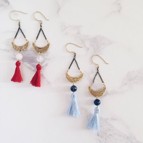 Crescent Moon Earrings With Tassels and semiprecious stones__Blue