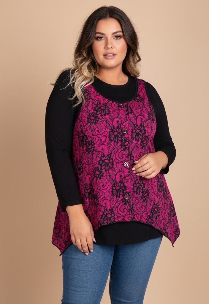 Plus Size Set aus rosa bedrucktem Oberteil und Unterhemd (A257)