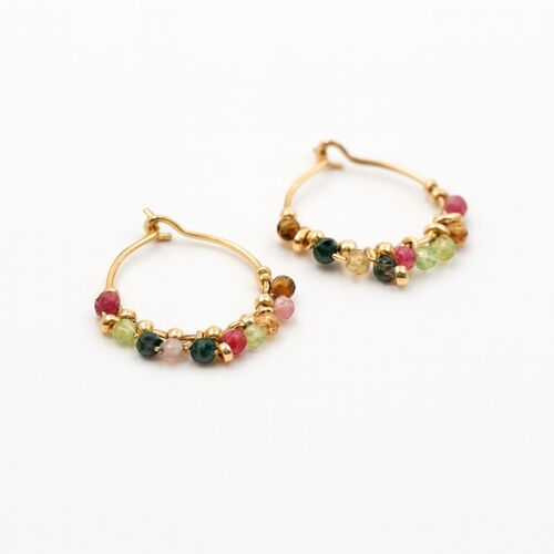 Boucles d'oreilles créoles en acier inoxydable doré avec pierres en Tourmaline