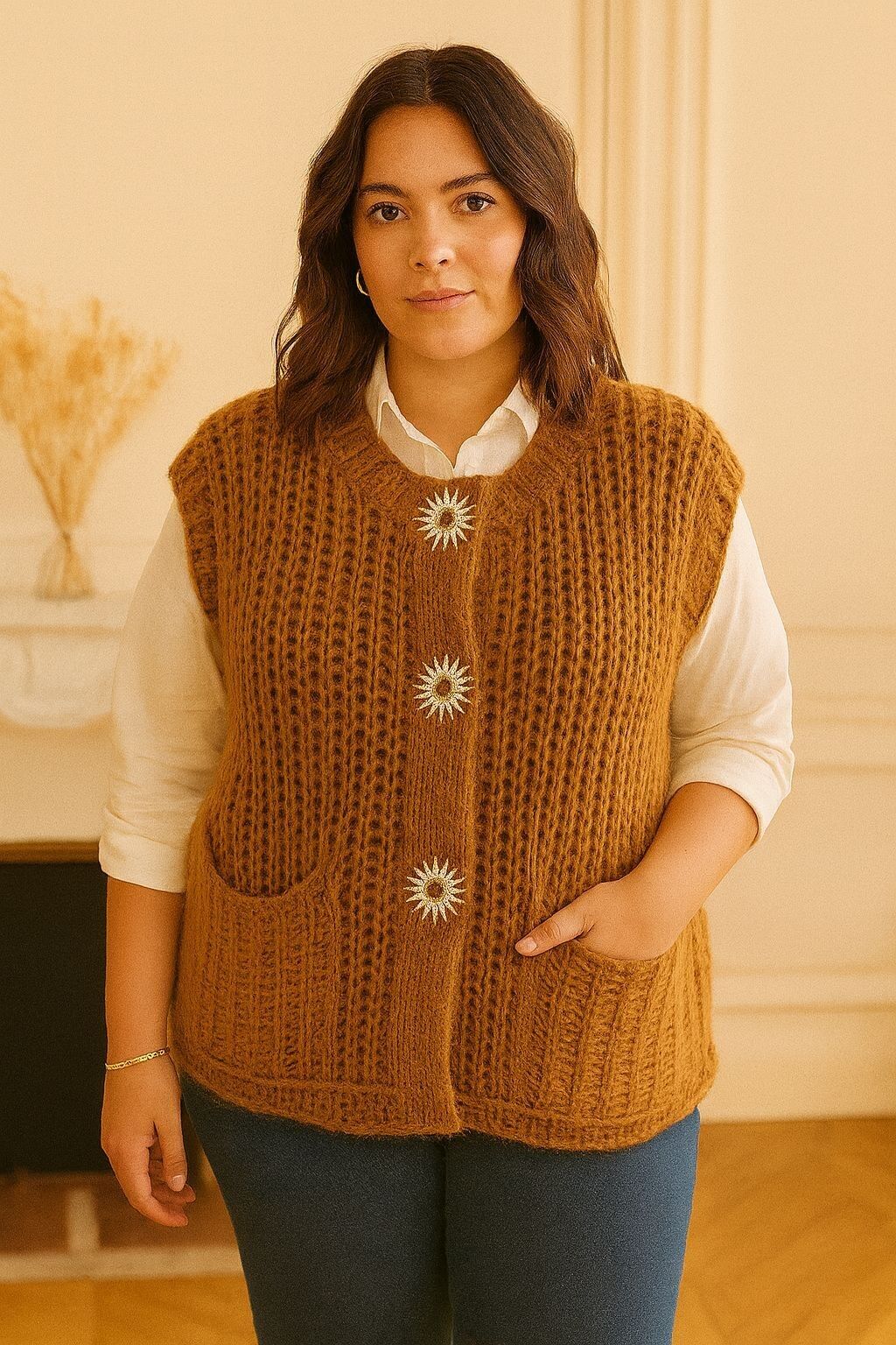 GRANDE TAILLE Gilet maille épaisse broches soleil PG2522GT
