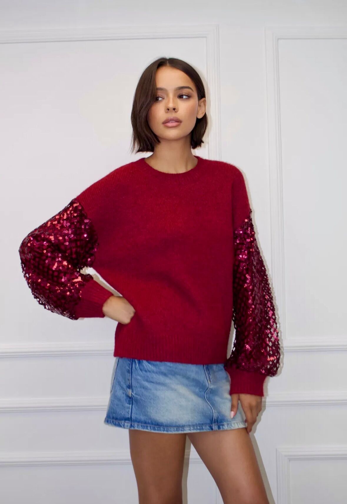 Suéter de fiesta gris con mangas de lentejuelas - Poliamida - 8006