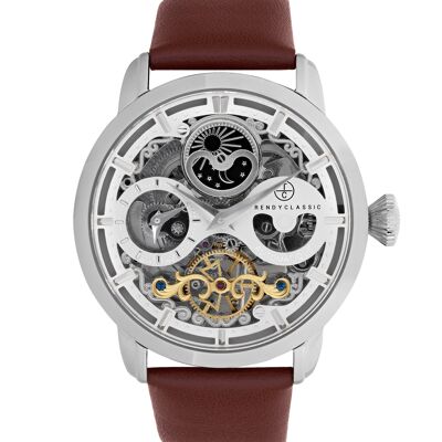 CC1056-03 – Trendige, klassische Automatik-Skelett-Herrenuhr – Echtes Lederarmband – Dual Time – Icare