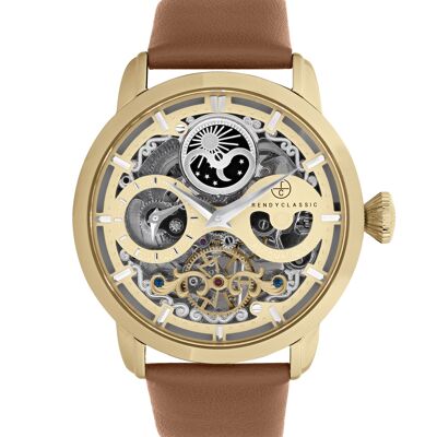CG1056-07 - Trendy Classic skeleton automatic men's watch - Genuine leather strap - Dual time - Icare