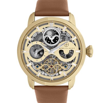 CG1056-07 – Trendige, klassische Skelett-Automatik-Herrenuhr – Echtes Lederarmband – Dual Time – Icare