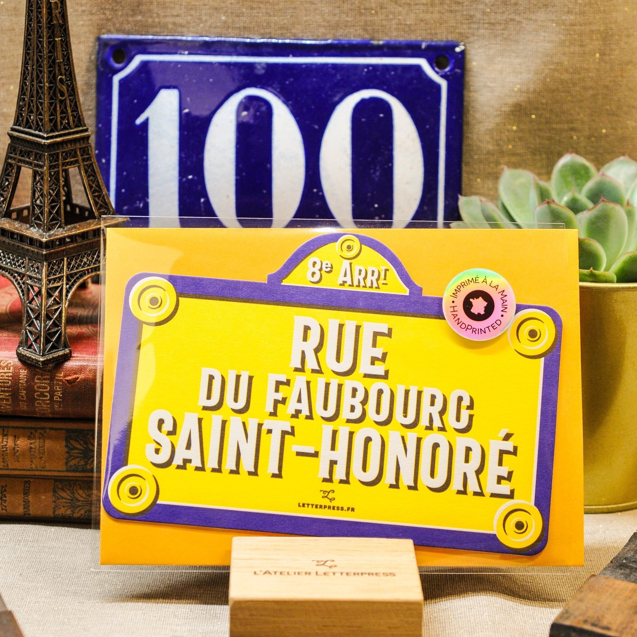 Letterpress-Postkarte Straßenschild von Faubourg Saint Honoré (mit Umschlag), Paris