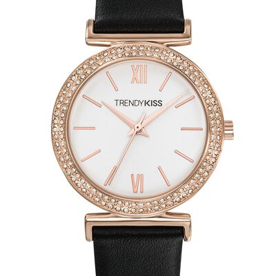 TRG10098-01B - Trendy Kiss analog women's watch - Genuine leather strap - Case with rhinestones - Pink