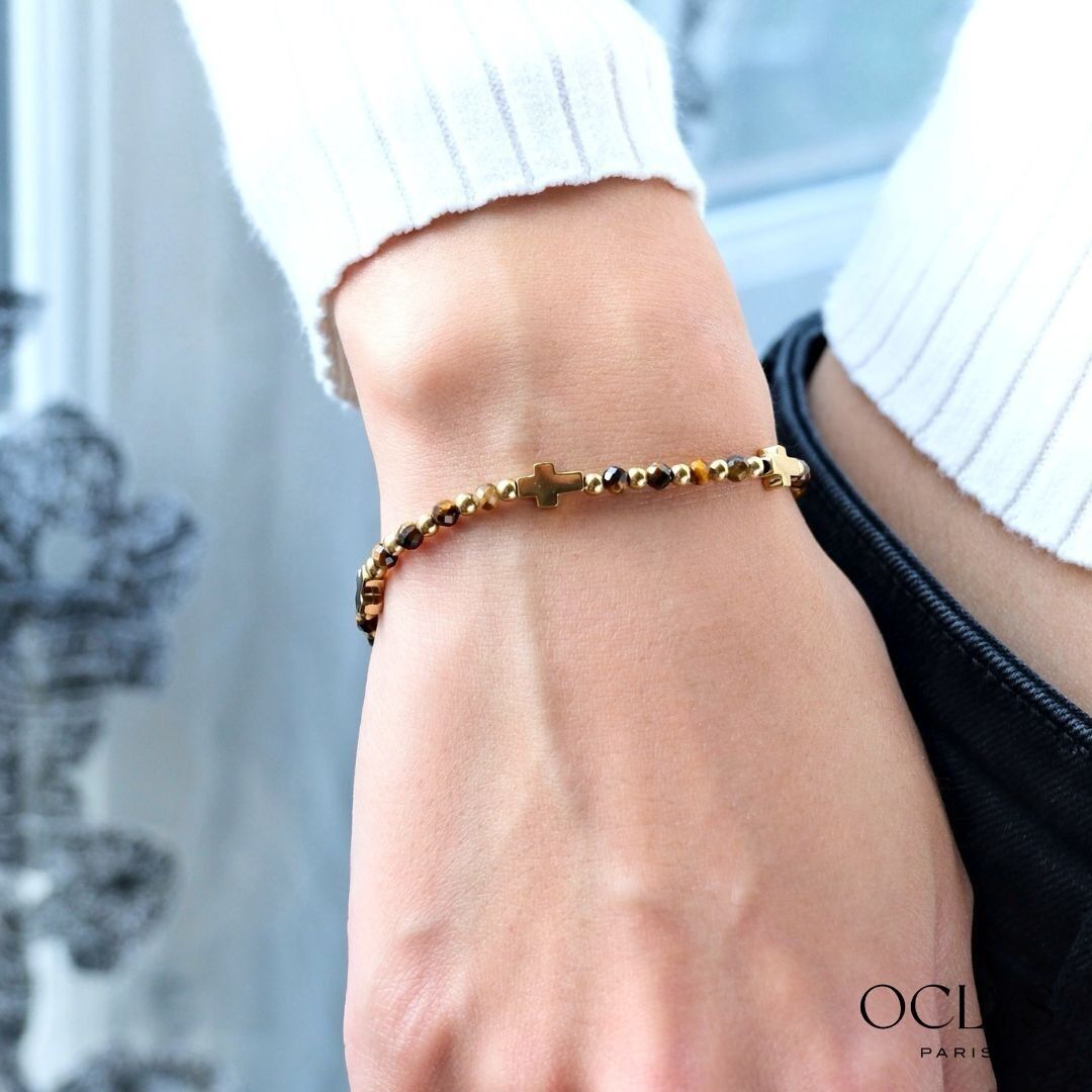 Crossi stainless steel natural stone cross bracelet