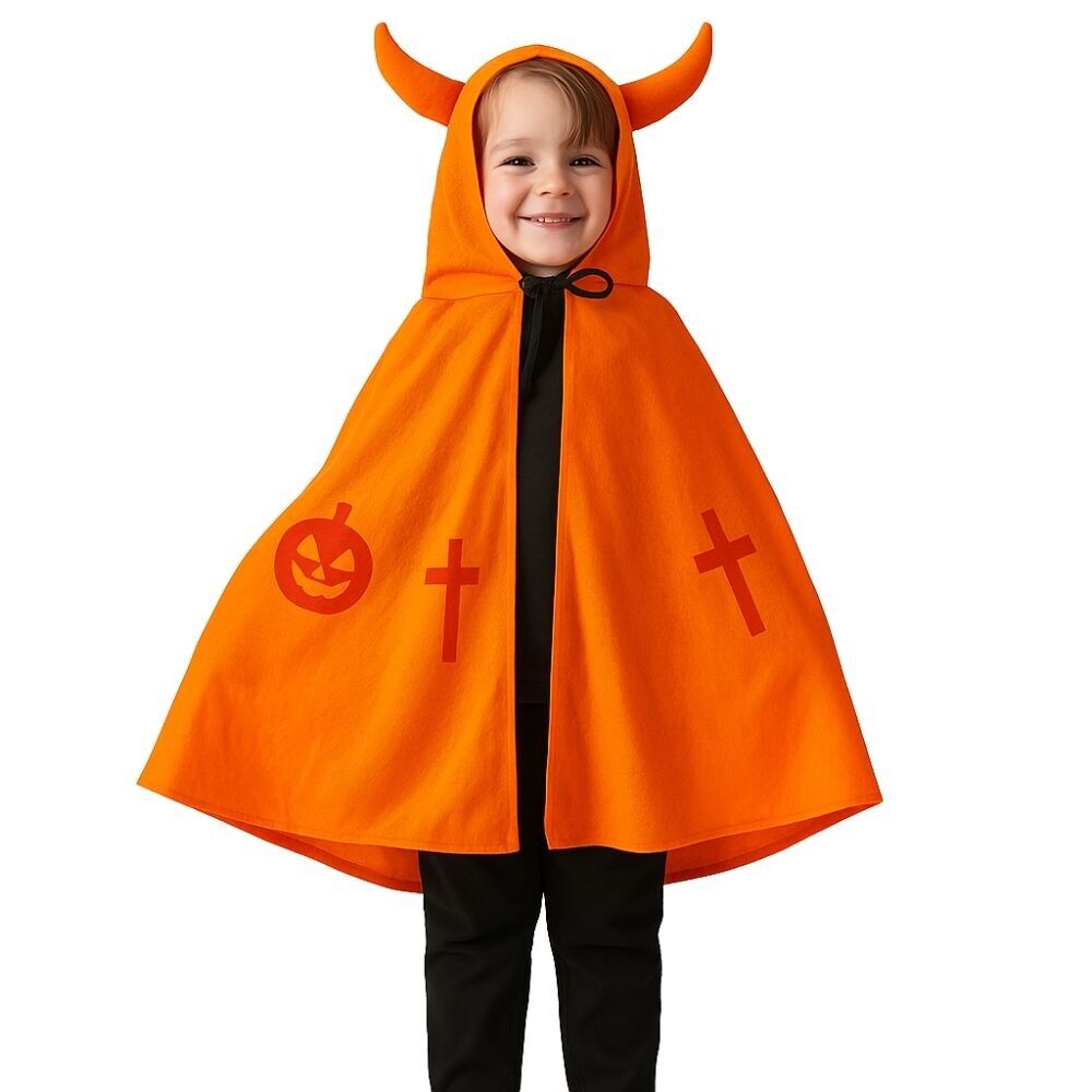 Orange and Black Child's Horned Cape Costume One Size 3 to 6 Years Halloween Costume