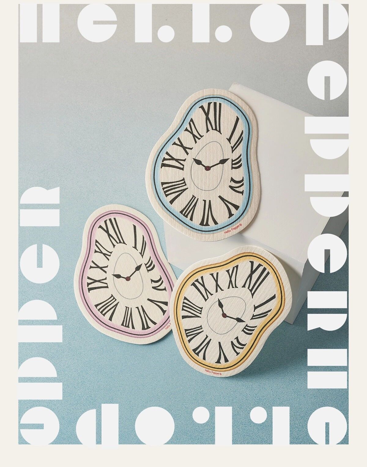 Surreal Clock Eco Dishcloth Set (3 pcs, 28x18cm, Natural Cellulose, Design Kitchen Sponge)