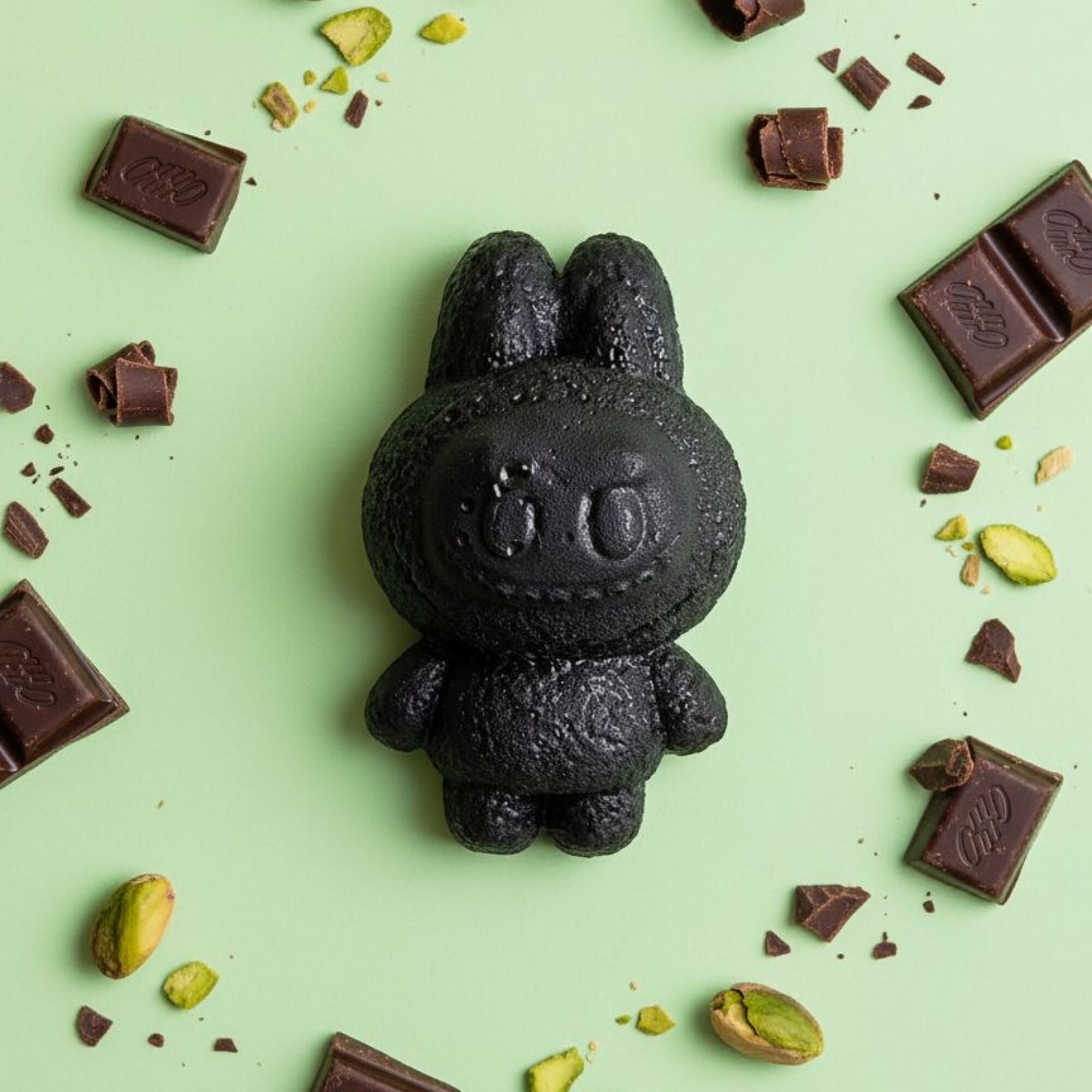 Caramella a forma di Labubu con cuore di pistacchio e rivestimento esterno in cristallo di cioccolato commestibile - dolciumi - prodotti in Francia